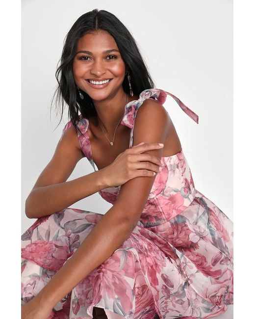 Lulus Playfully Posh Blush Floral Organza Tie-Strap Tiered Midi Dress