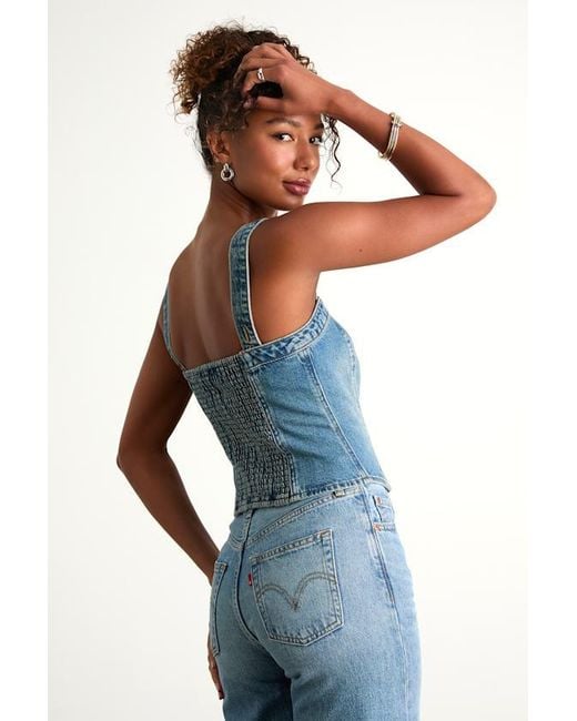 Levi's Blue Sculpted Bustier Medium Wash Zip-Front Denim Bustier Top