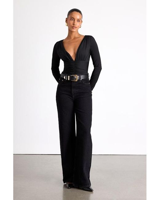 Lulus Black Naiari Slinky Knit Ruched Long Sleeve Bodysuit