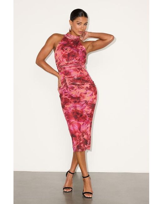Lulus Red Audra And Floral Mesh Mock Neck Bodycon Midi Dress
