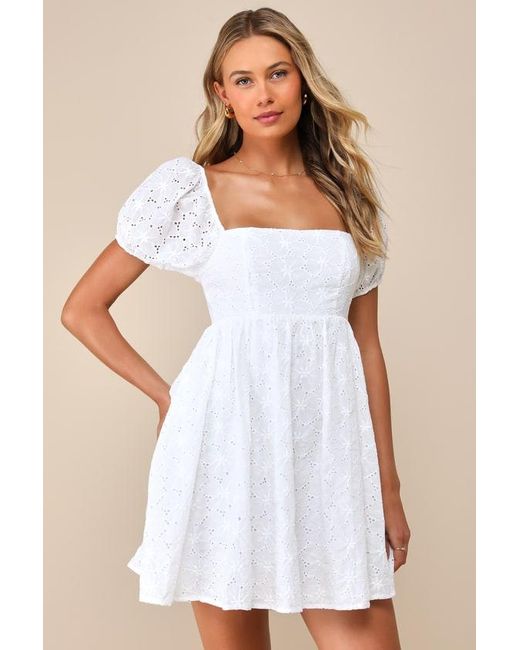 Lulus White Fit To Frolic Eyelet Lace Puff Sleeve Babydoll Dress