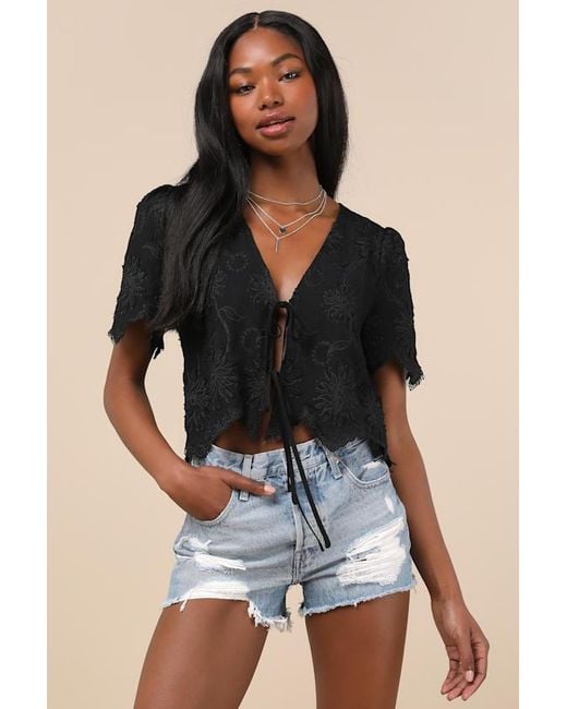 Lulus Black Vintage Aesthetic Embroidered Tie-Front Fringe Hem Top