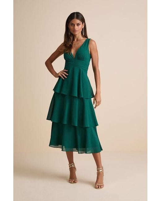 Lulus Green Celebration Time Sleeveless Tiered Midi Dress