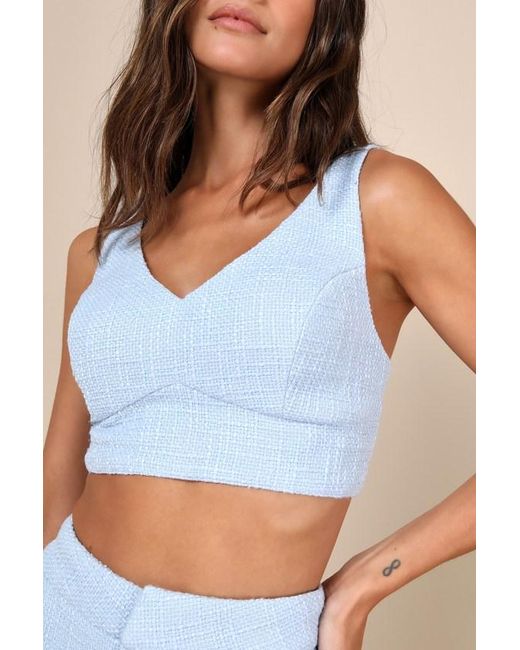 Lulus Blue Chic And Sophisticated Tweed Cropped Tank Top