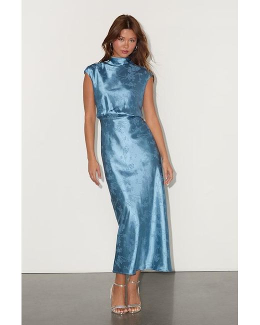 Lulus Blue Gia Satin Jacquard Cutout Midi Dress
