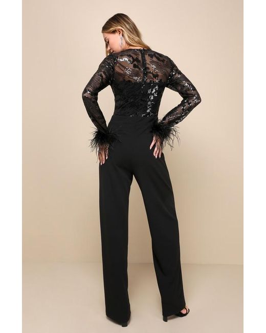 Lulus Black Limitless Radiance Sequin Feather Long Sleeve Jumpsuit