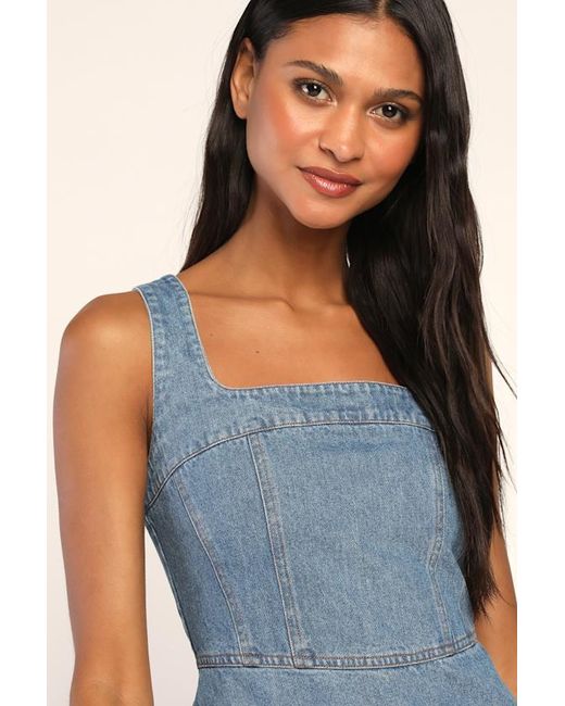 Lulus Blue So Delighted Medium Wash Denim Corset Seam Mini Dress