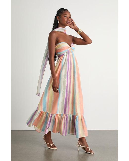 Lulus Orange Kelia Multi Striped Midi Dress And Scarf Set