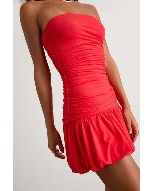 Lulus Red Calix Strapless Ruched Bubble-Hem Mini Dress