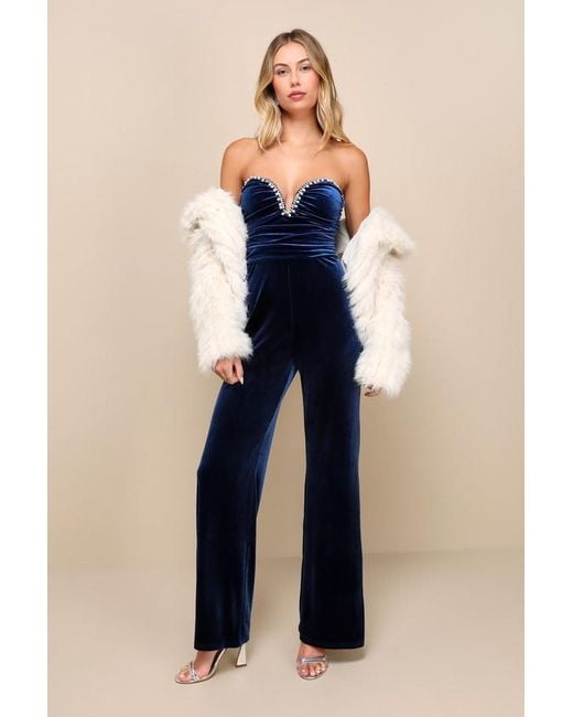 Lulus Blue Fabulous Instinct Velvet Pearl Strapless Jumpsuit