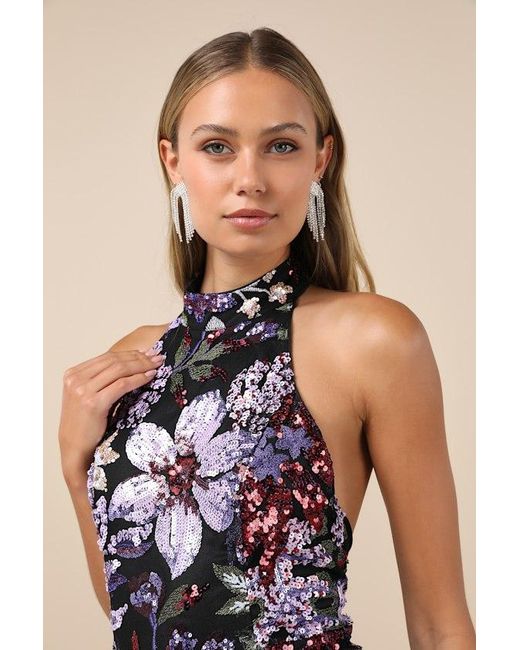 Lulus Black Gorgeous Shine Multi Floral Sequin Backless Mini Dress
