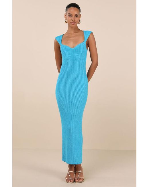 Lulus Blue Chiara Ribbed Knit Cap Sleeve Midi Dress