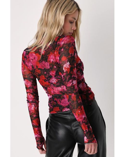 Steve Madden Pink Eliza Rose Print Sheer Mesh Mock Neck Long Sleeve Top