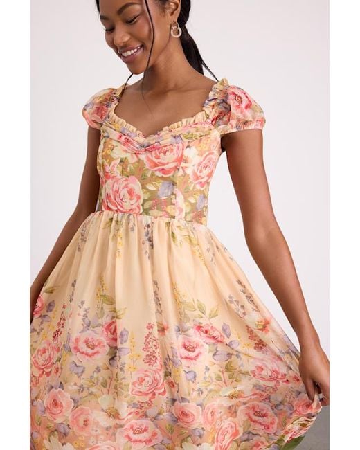 Lulus Pink Celosia Multi Floral Cap Sleeve Midi Dress