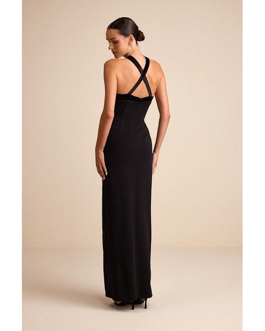 Lulus Black Bisian Velvet Bow Backless Apron Maxi Dress