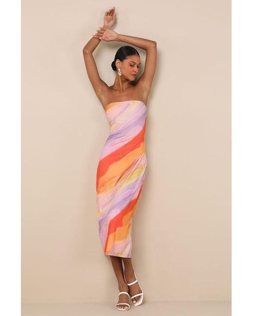 Lulus Orange Jaylah Multi Strapless Mesh Strapless Midi Dress