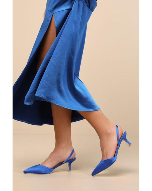 Lulus Blue Leith Satin Kitten Heel Slingback Pumps
