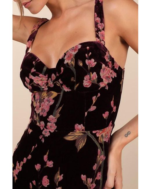 Lulus Natural Romantic Stunner Plum Floral Burnout Velvet Lace-Up Dress