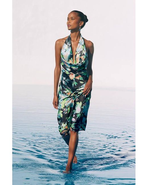 Lulus Green Nuliana Multi Floral Satin Backless Midi Dress