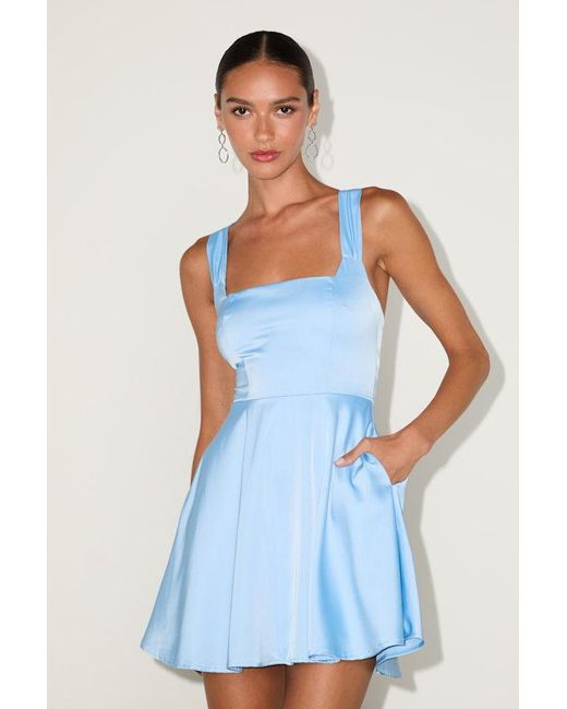 Lulus Blue Admirably Chic Satin Lace-Up Mini Dress With Pockets