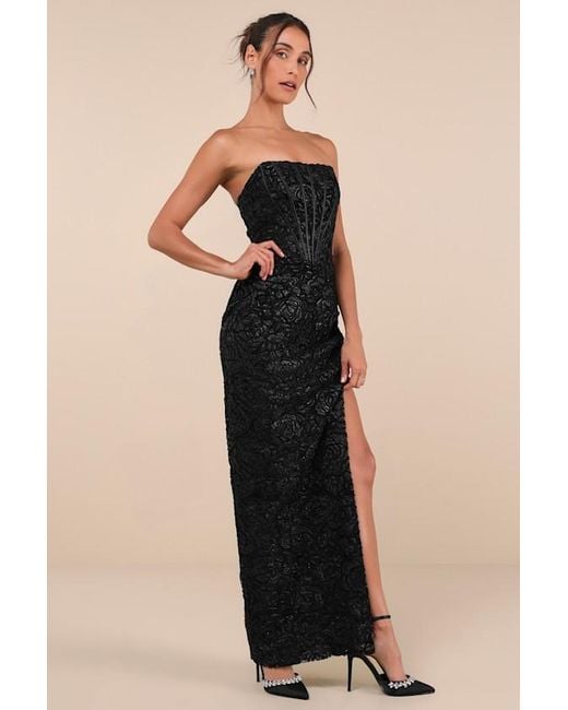 Lulus Black Stately Aura Mesh Velvet Strapless Bustier Maxi Dress