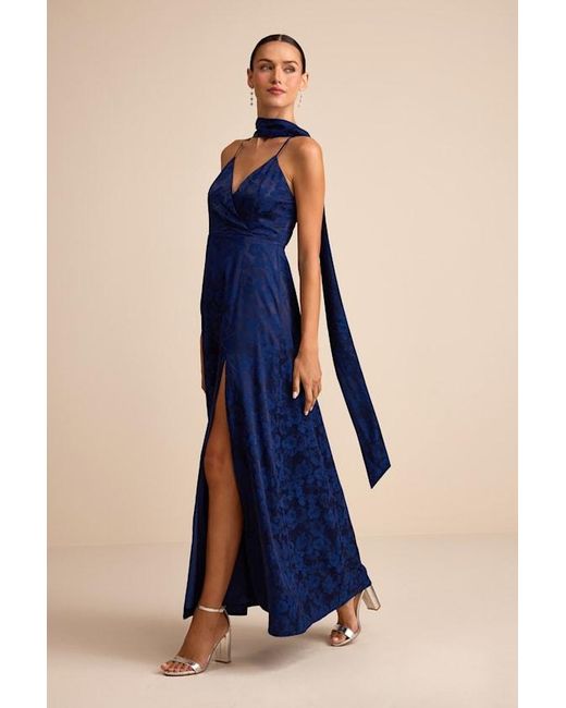 Lulus Blue Mahira Satin Jacquard Surplice Sash Scarf Maxi Dress