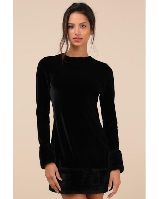 Rare London Black Opulent Charm Velvet Faux Fur Trim Mini Dress