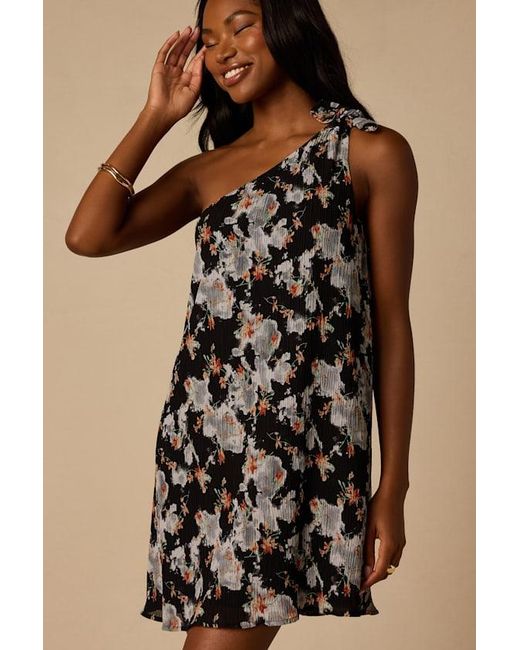 Lulus Black Aralia Multi Floral One-Shoulder Shift Mini Dress