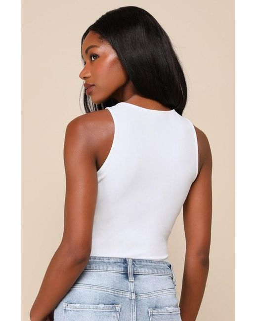 Lulus White Admired Poise Scalloped V-Neckline Sleeveless Bodysuit
