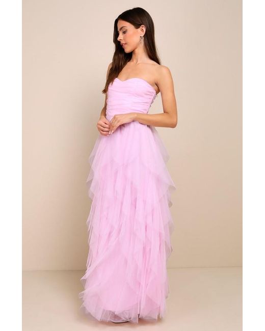 Lulus Pink Delightful Beauty Mesh Strapless Ruched Ruffled Maxi Dress