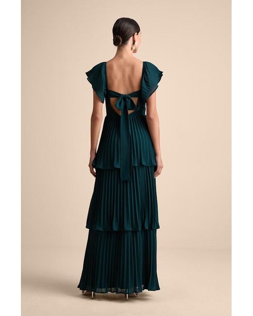 Lulus Black Notorious Charm Emerald Pleated Flutter Sleeve Maxi Dress