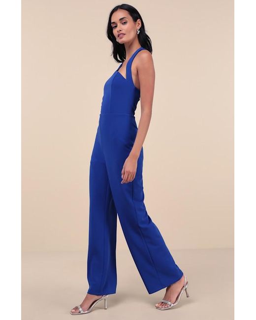 Lulus Blue Flirty Outing Asymmetrical Halter Jumpsuit
