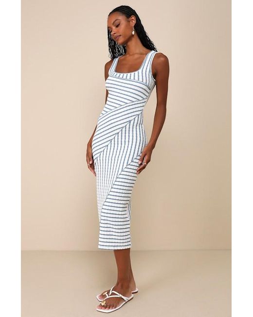 Lulus Natural Constantly Trendy Striped Crinkle Bodycon Midi Dress