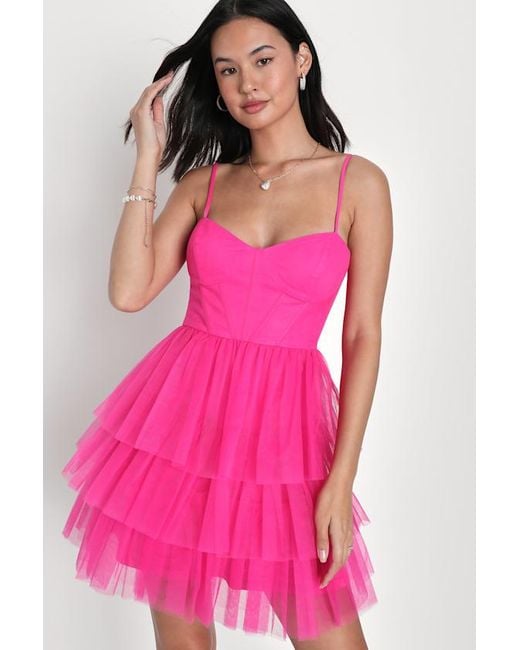 Lulus Pink Rule The Runway Tulle Bustier Tiered Mini Dress