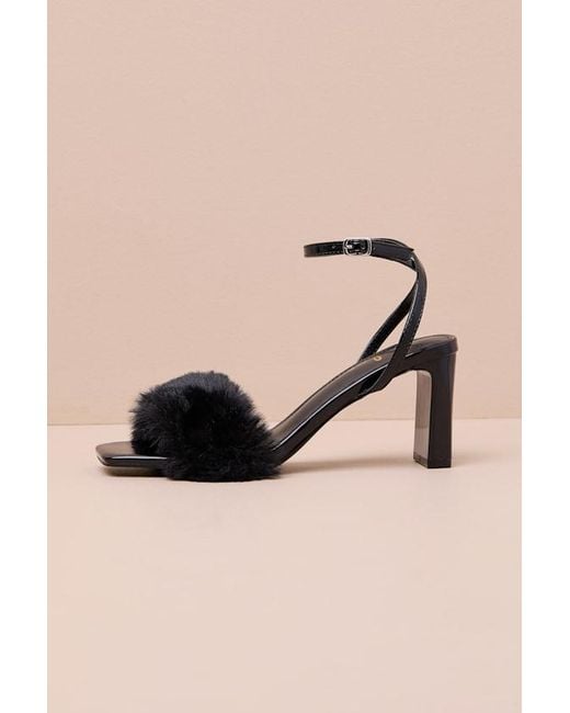 Lulus Black Kerstin Faux Fur Ankle Strap High Heel Sandals