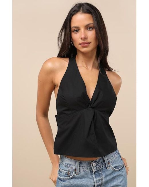 Lulus Black Basia Tie-Back Bow Halter Top