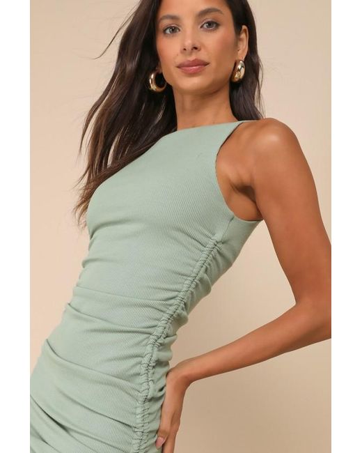 Lulus Green Over And Over Ribbed Drawstring Ruched Bodycon Dress