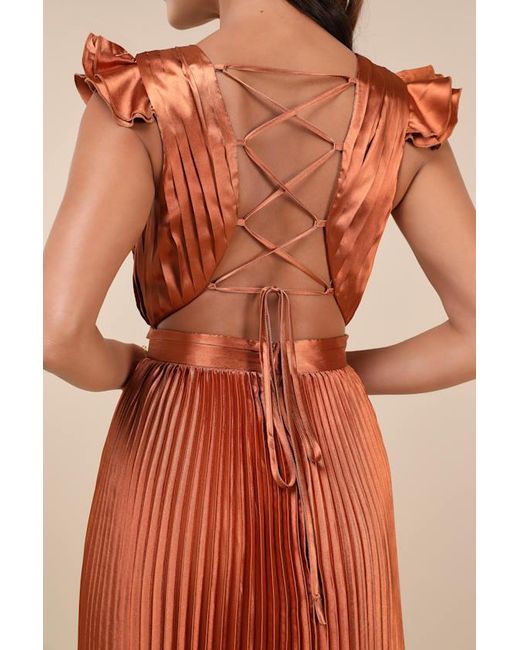 Lulus Orange Exceptional Drama Satin Lace-Up Pleated Maxi Dress