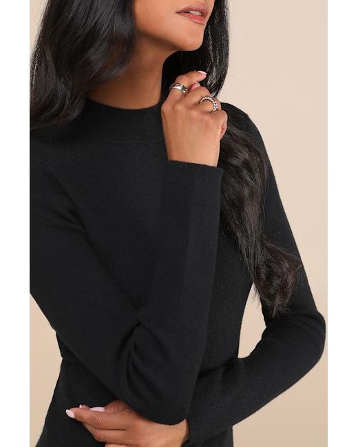 Lulus Black Adorable Intentions Mock Neck A-Line Mini Sweater Dress