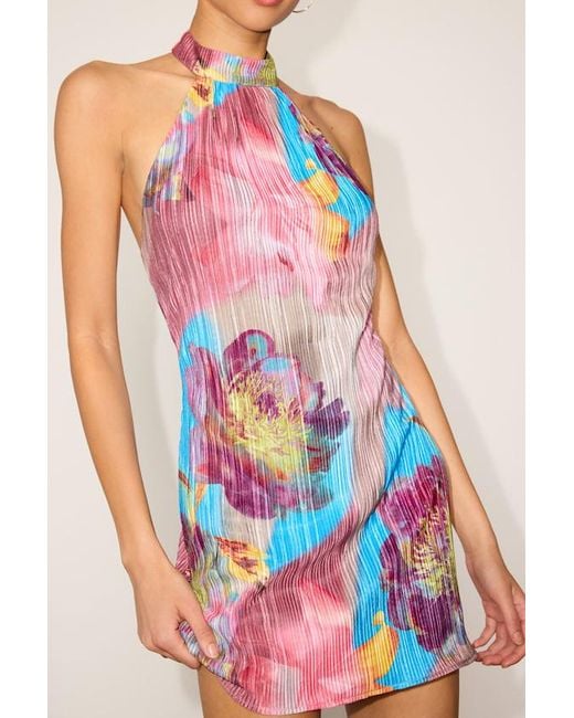 Lulus Red Misha Multi Floral Pleated Halter Mini Dress