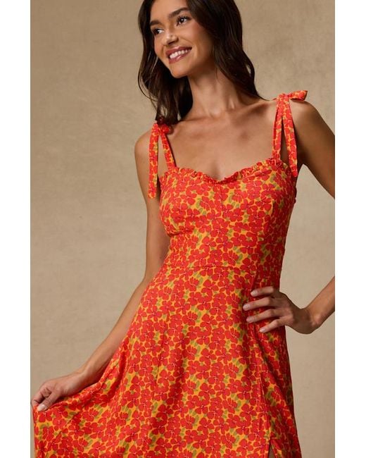 Lulus Red Dara Multi Floral Tie-Strap Midi Dress