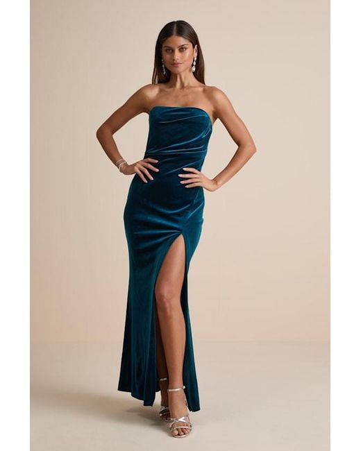 Lulus Blue Perfectly Captivating Dark Velvet Strapless Maxi Dress