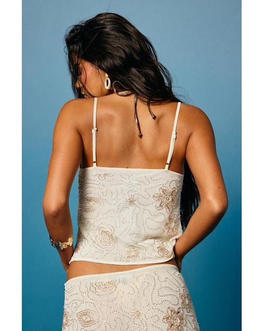 Lulus Blue Abara Cream Mesh Beaded Cami Top