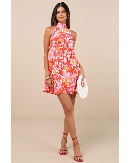 Lulus Red Tied Back To You Floral Print Mini Shift Dress