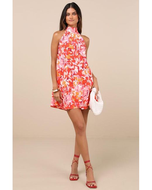 Lulus Red Tied Back To You Floral Print Mini Shift Dress