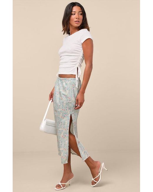 Lulus Natural Agatha Sage Multi Floral Satin Midi Skirt