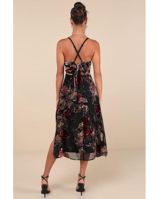 Lulus Natural Exuberant Vibes Floral Velvet Burnout Tie-Back Midi Dress