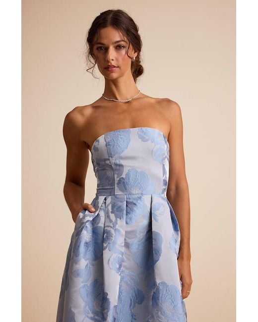 Lulus Blue Laurelin Floral Jacquard Pleated Strapless Maxi Dress