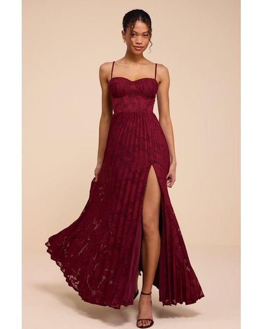 Lulus Red Dacie Floral Burnout Pleated Bustier Maxi Dress