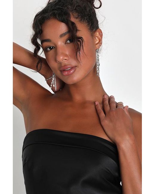 Lulus Black Exquisite Approach Satin Strapless Cowl Back Mini Dress